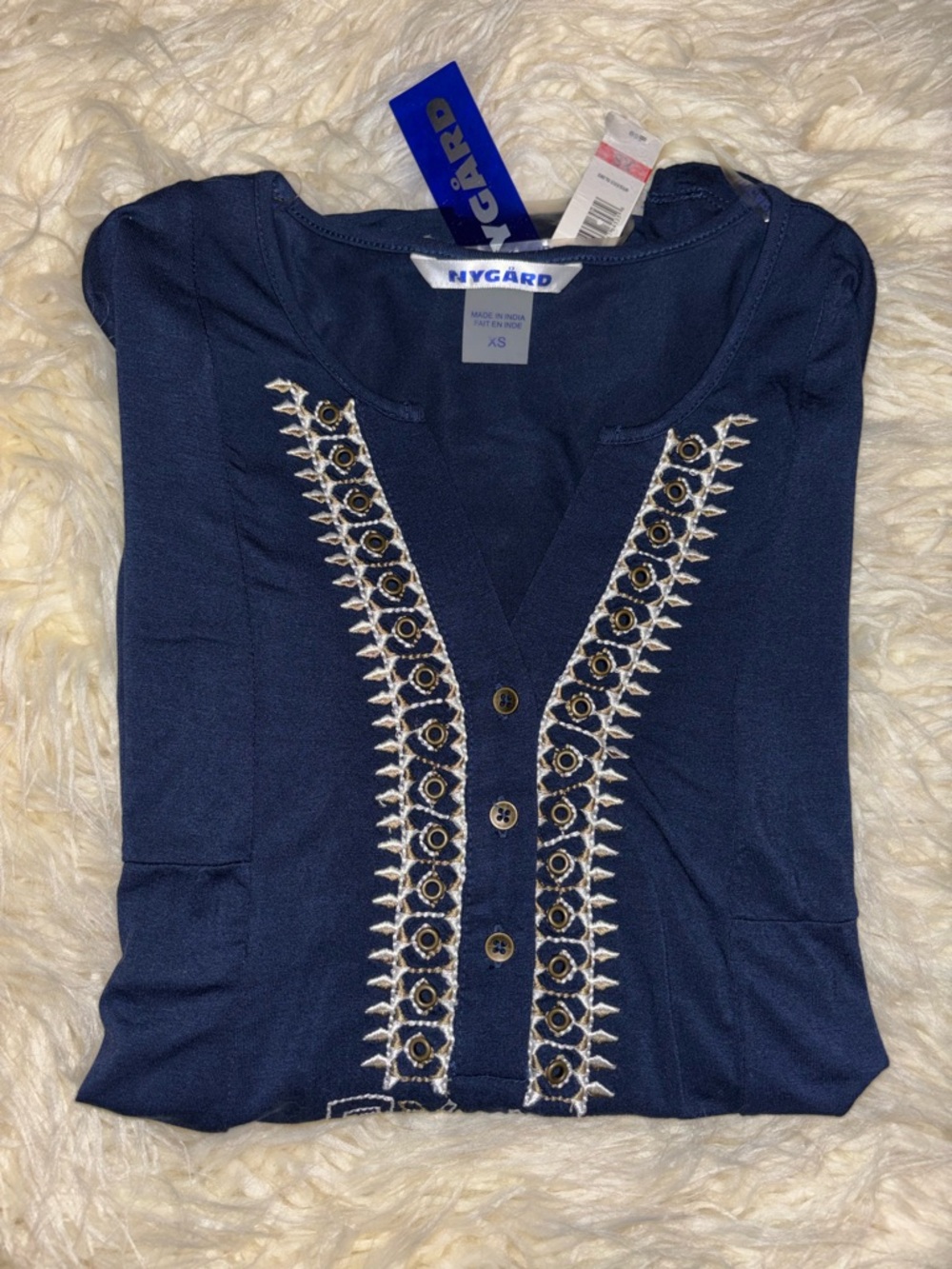 Peter Nygard Navy Aztec Embroidery Blouse XS NWT